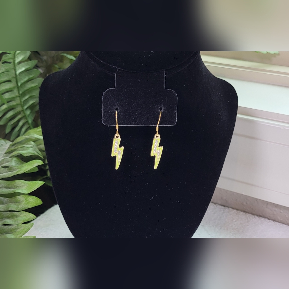 Neon Yellow Rhinestone Lightning Bolt Statement Dangle Earrings / Pierced - Picture 4 of 6